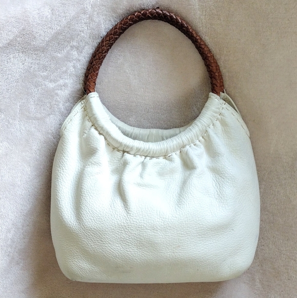🤍 Vintage Fossil Chalk White Pebbled Leather Mini Hobo Handbag Woven Handles - Picture 2 of 10